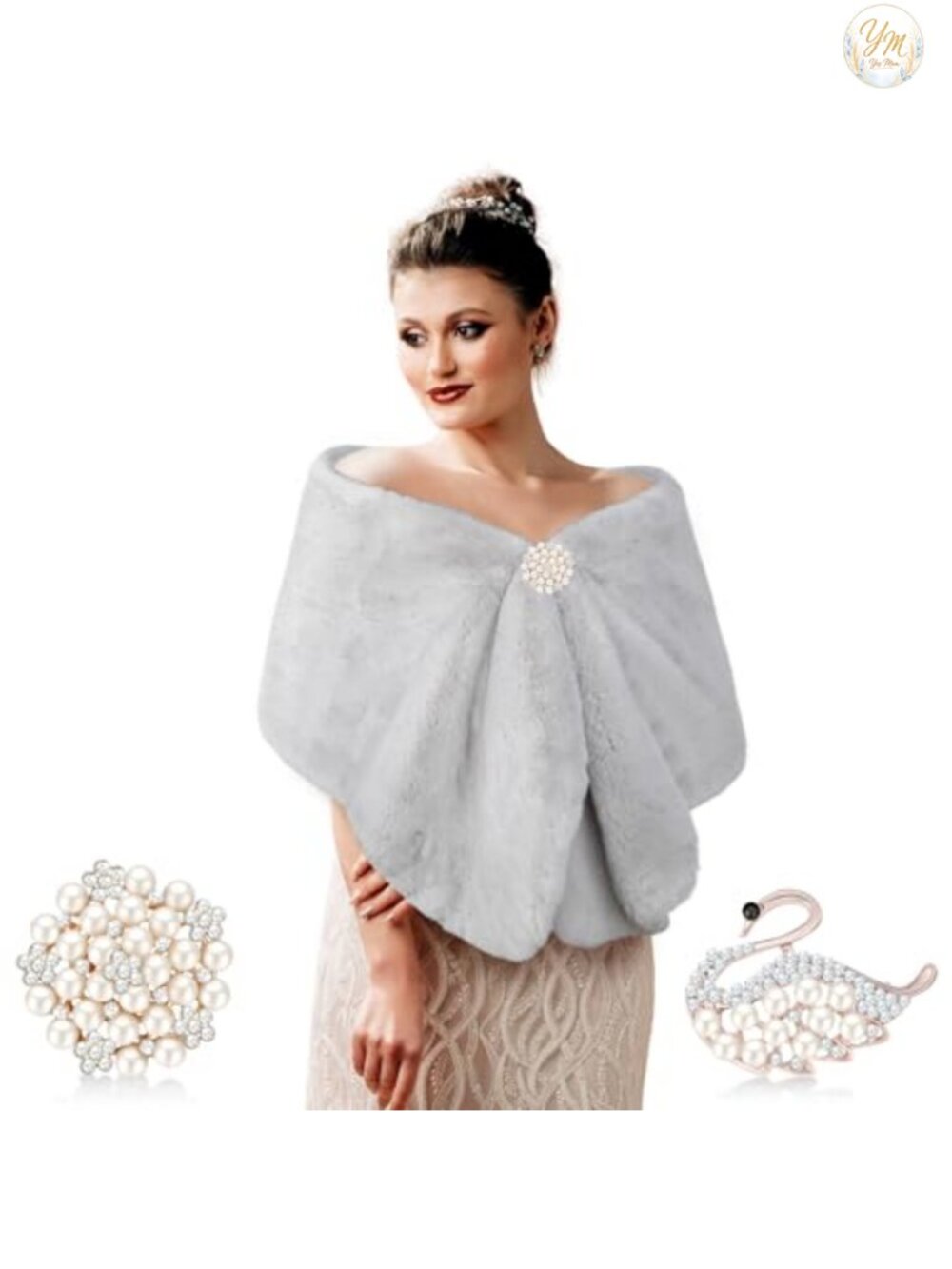 Faux Fur Shawl Wrap with 2 Rhinestone Brooches Formal Evening Stole